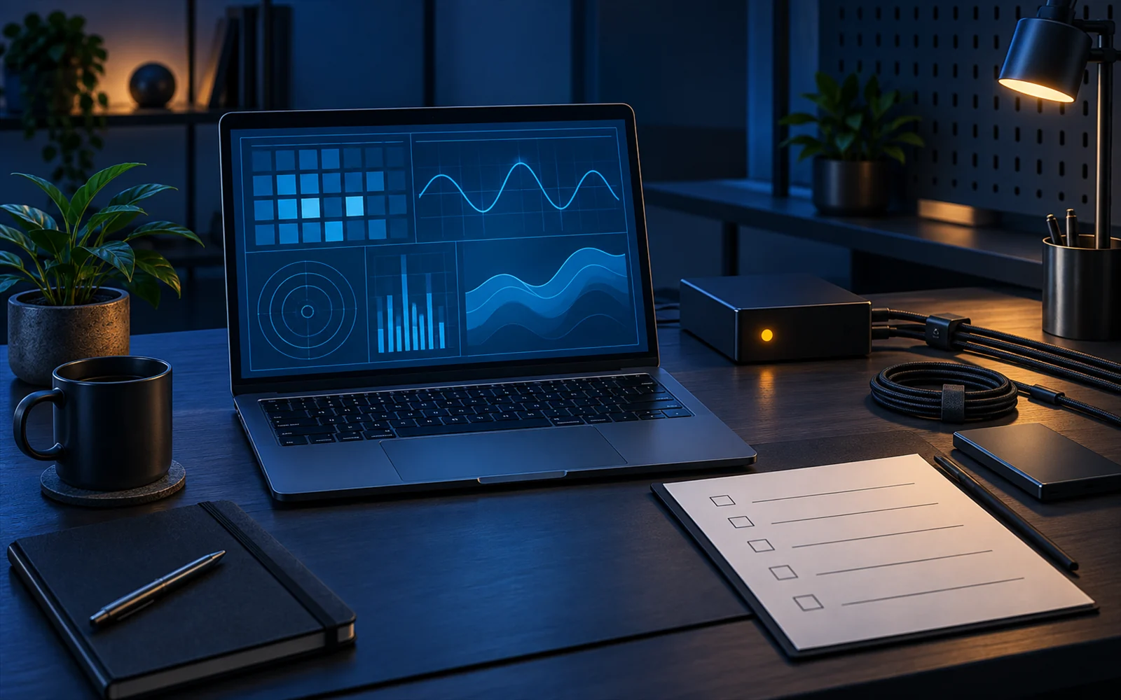 Illustrated computer troubleshooting desk with a laptop diagnostic grid, organized cables, and a blank recovery checklist